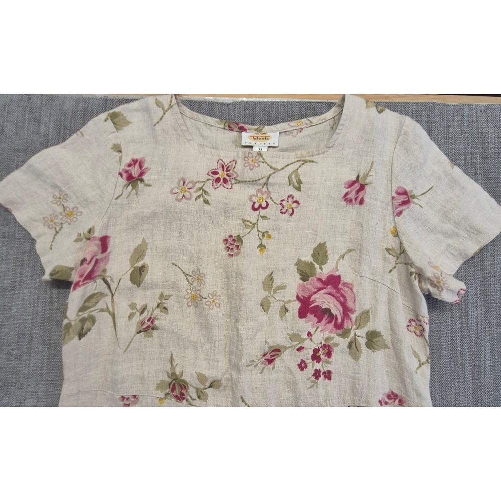 VTG Talbots Petites 12P 100% Linen floral dress cottagecore made USA Pink roses - Picture 2 of 16